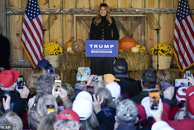 Campaigning: Melania has implored Americans to 'practice safe, responsible behaviors' during the upcoming holiday season while in West Bend, Wisconsin, on Saturday