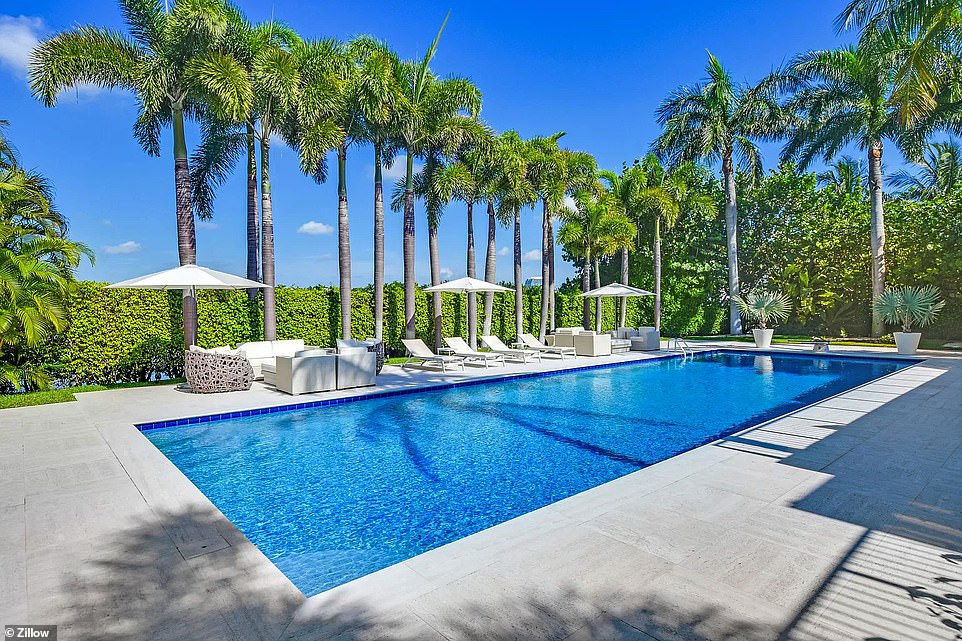 The swimming pool at Epstein's house, shaded by palm trees