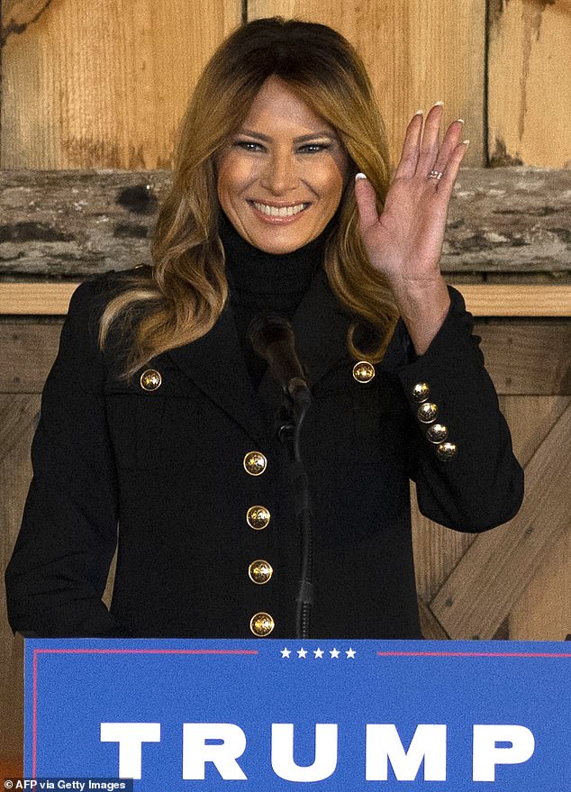 Happy to be there: FLOTUS appeared in high spirits as she delivered a speech to hundreds of supporters at Kingsheart Farm