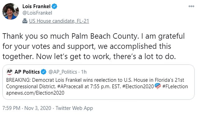 Rep. Frankel thanked voters as she celebrated her win on Twitter on Tuesday night