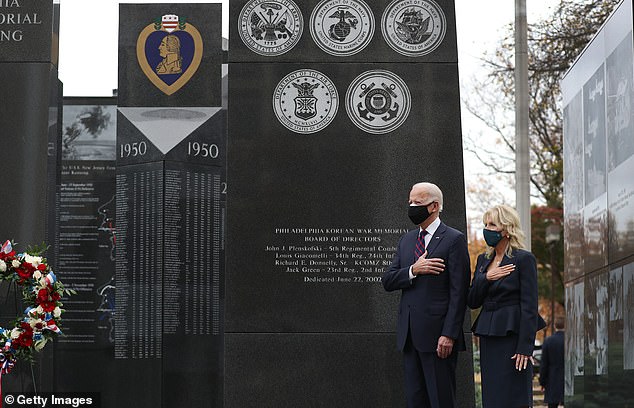 President-elect Joe Biden and his wife Jill also participated in a wreath laying to commemorate Veterans Day on Wednesday in Philadelphia, Pennsylvania
