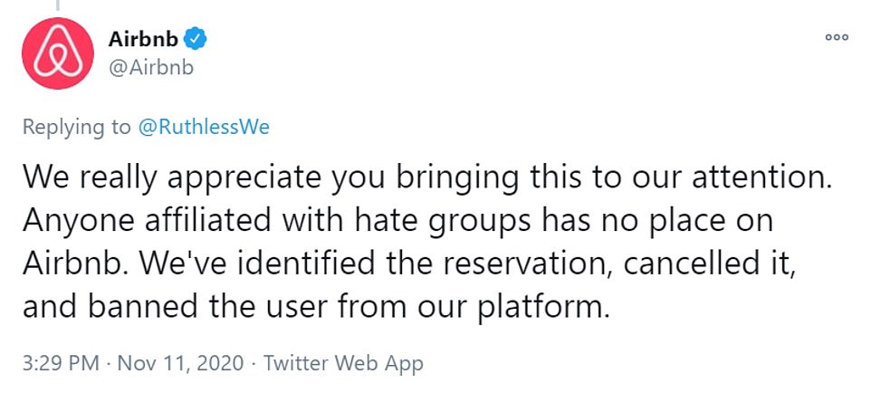 Responding to the tweet, Airbnb said: 'We really appreciate you bringing this to our attention. Anyone affiliated with hate groups has no place on Airbnb'