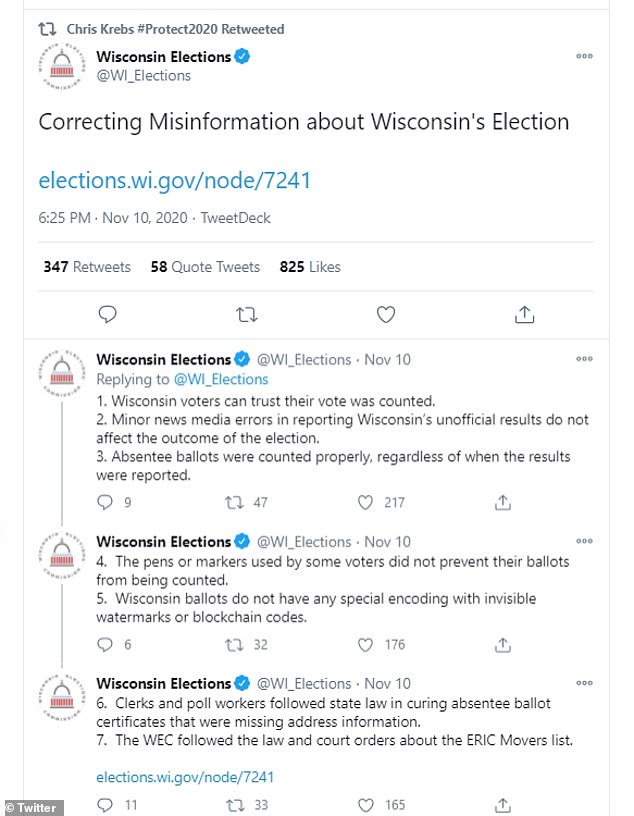 He also posted to collect 'misinformation' about Wisconsin, which has been called for Biden