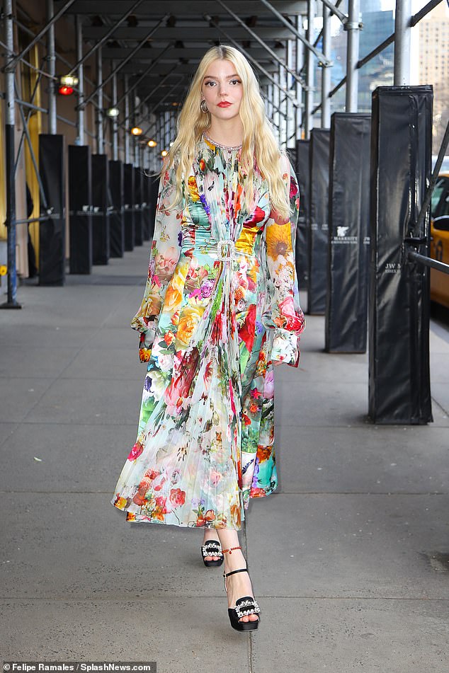 Anya Taylor-Joy looks radiant in a Prabal Gurung floral dress while leaving an interview in New York City