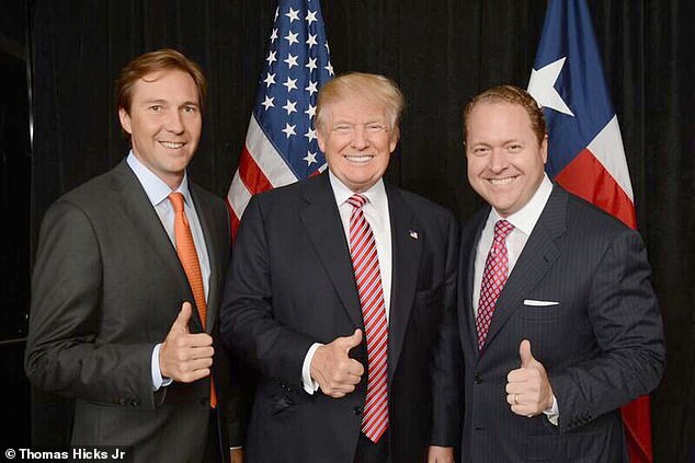 Pictured: Thomas Hicks Jr. (left), co-chairs the Republican National Committee, and President Trump (center)