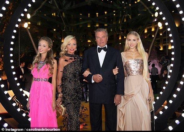 The family posing for pictures at the Influencer Awards in Monaco in 2019, with Chiara in a pink gown, Camilla in a grey number and Carolina in a rose gold dress