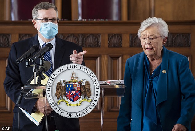 The party will be held just 12 days after Governor Kay Ivey (right) and Alabama Health Officer Dr. Scott Harris (left) announced that a statewide mask ordinance would be in effect through December 11