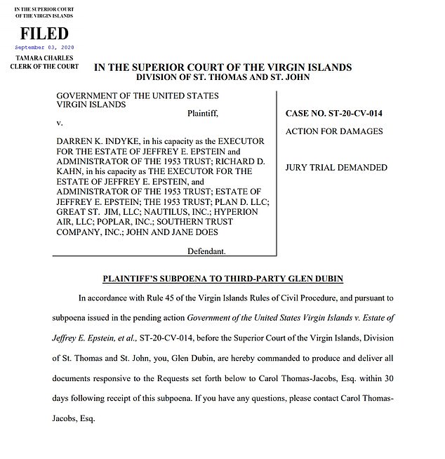 Officials in the US Virgin Islands - where Epstein owned a private island - filed a subpoena in September, seeking 'all documents and communications related to any of your three children, Maye, Celina or Jordan, which also relate in any way to Jeffrey Epstein or any Epstein entity'