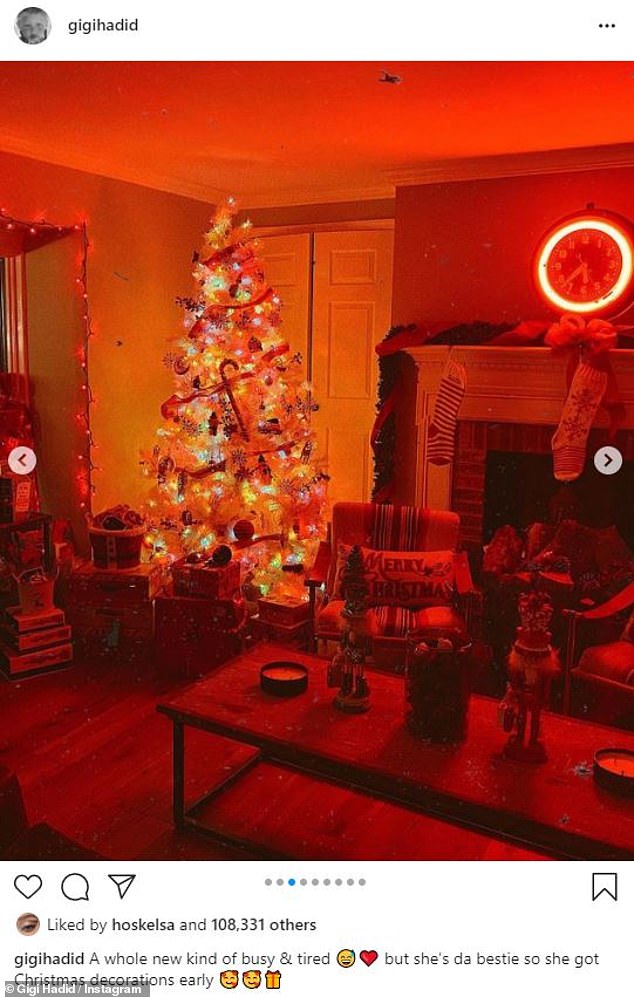 Supermodel lair: Gigi Hadid seemed to be in the Christmas spirit on Sunday as she posted a photo of her Christmas tree and several decorations in the New York City apartment she shares with beau Zayn Malik of One Direction and their newborn baby