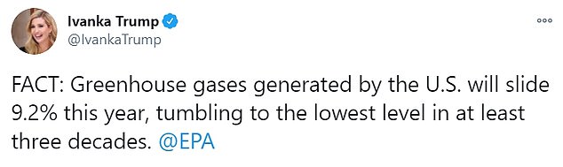The spat between Tapper and Ivanka began after she tweeted: 'FACT: Greenhouse gases generated by the U.S. will slide 9.2% this year, tumbling to the lowest level in at least three decades'