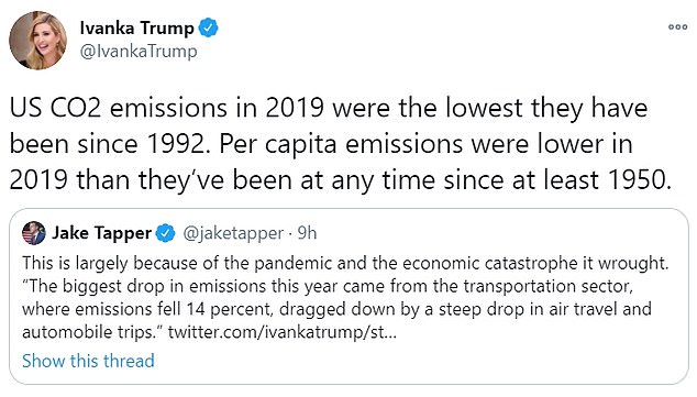Ivanka hit back, telling him the emissions were declining in 2019 before the pandemic
