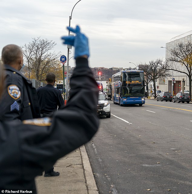 A Megabus enters a Covid checkpoint in Manhattan on Wednesday