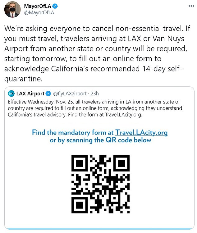 Mayor Eric Garcetti announced that air travelers to Los Angeles will be asked to fill out an online form acknowledging the 14-day quarantine recommendation