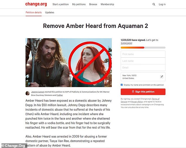 The petition created on Change.org has amassed more than 1.53 million signatures as Heard confirmed she would remain part of the Aquaman cast