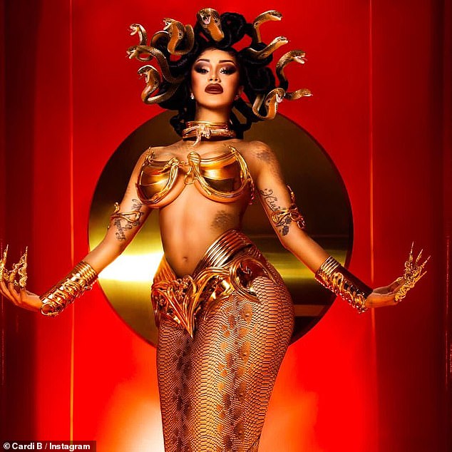 Cardi B is a stone-cold looker as she slithers into Halloween with sexy gold-plated Medusa costume