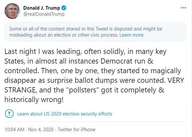 Donald Trump’s ‘surprise ballot dumps’ tweet flagged as ‘misleading’