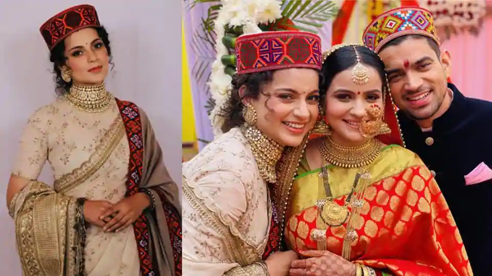 Kangana Ranaut adds pahadi touch to sari as she decks up for brother’s wedding reception. See pics