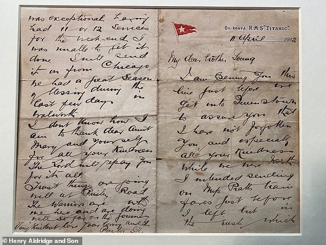 Letter written on Titanic by pastor who went down with the ship goes up for auction