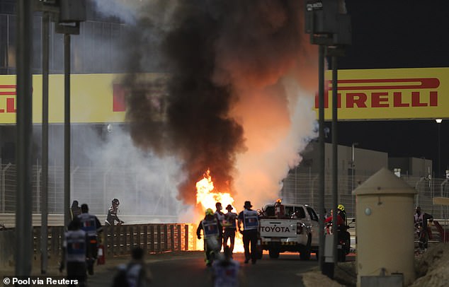 Romain Grosjean’s car explodes into a fireball on lap two of the Bahrain Grand Prix