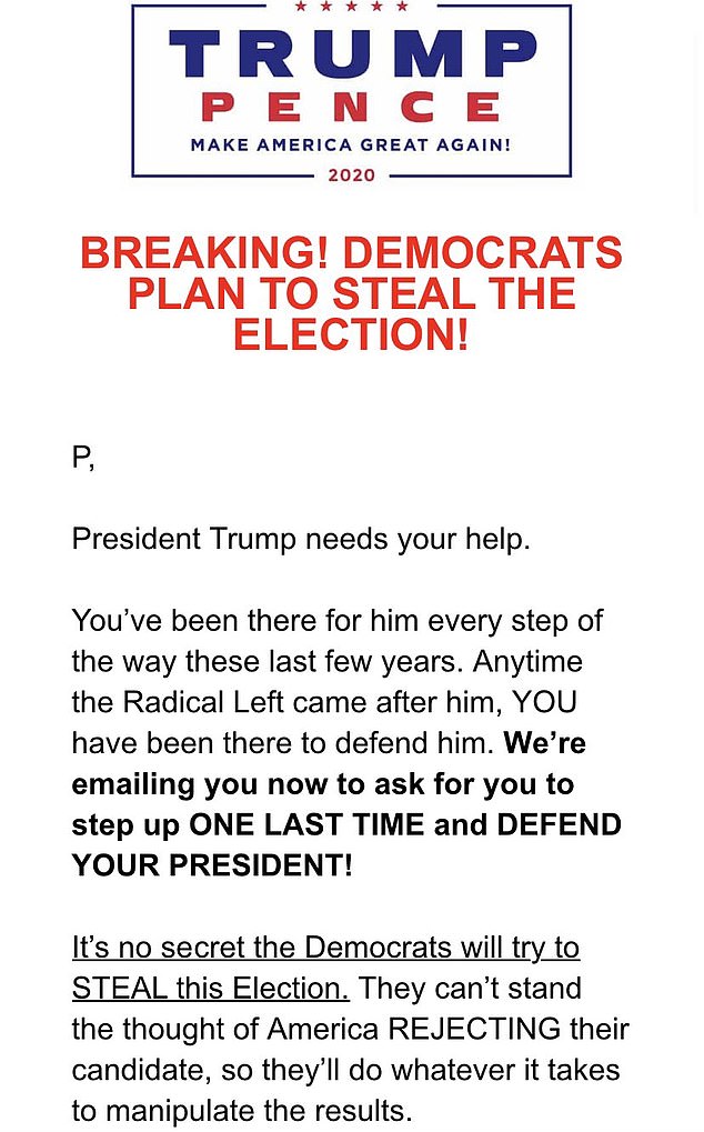 Trump campaign email repeats claim Democrats plan to STEAL election