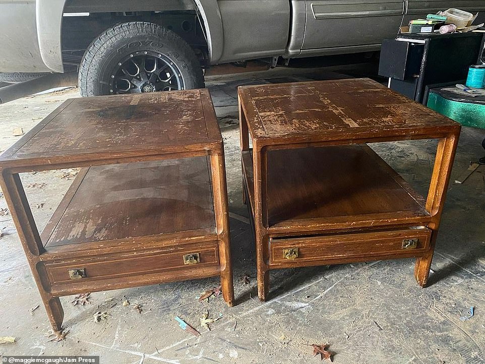 Something old: Maggie found these side tables on an estate sale app, and then spruced them up for a client who made a custom request