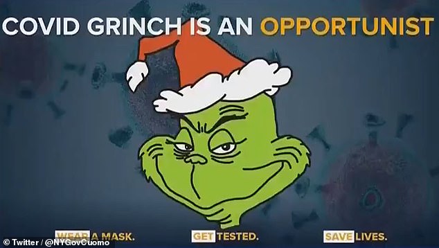 An instrumental version of Sleigh Ride began playing over Cuomo's slideshow toward the beginning of the briefing as he listed off treasured holiday traditions - before a Grinch cartoon flashed up on the screen