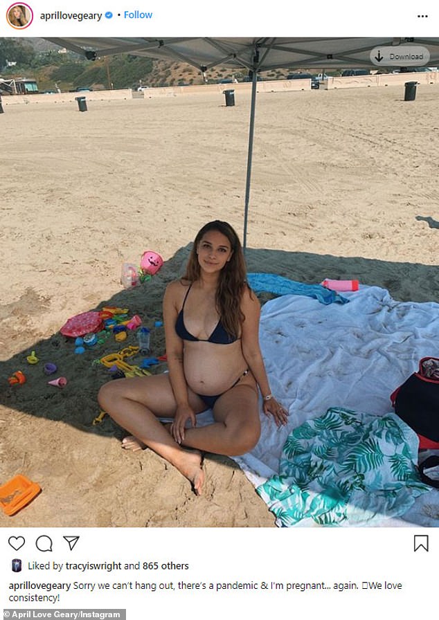 Making it official: April confirmed her newest pregnancy in early October with a photo of her growing tummy from a trip to the beach, following months of speculation