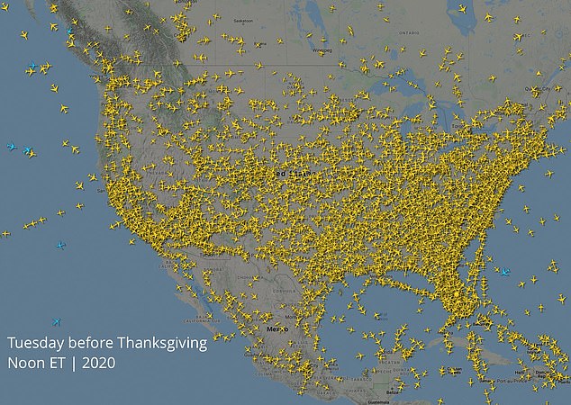 The map above shows flights crossing the US two days before Thanksgiving