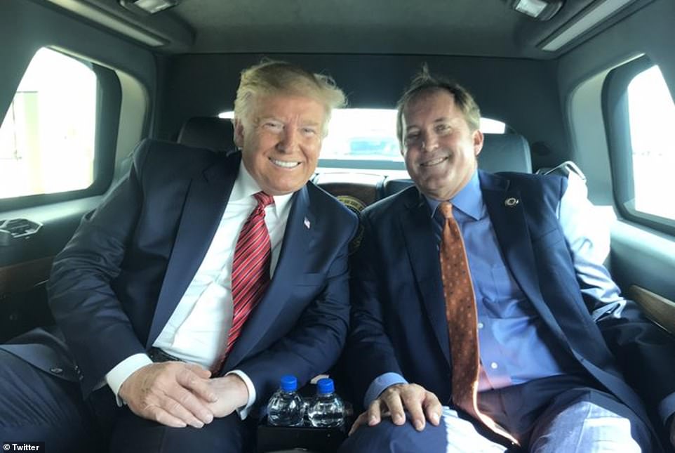 Texas Attorney General Ken Paxton (right, with Trump in the Beast in 2018) has filed suit against four states that went for Joe Biden, asking the Supreme Court to have Republican-run state legislatures appoint electors and hand the presidency to Donald Trump