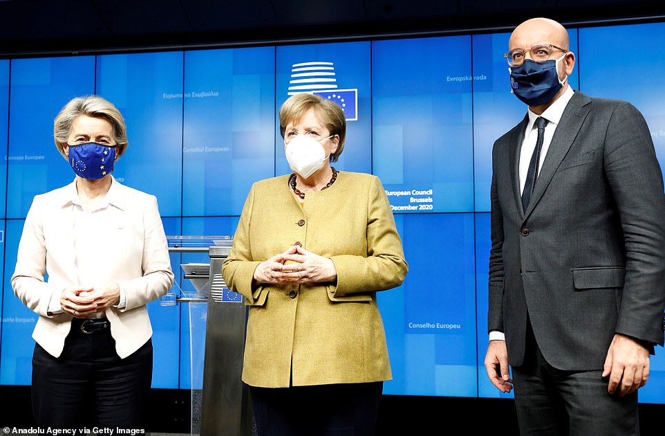 Ursula von der Leyen, pictured alongside Angela Merkel and Charles Michel, told European leaders at a meeting of the European Council that there is now a 'higher probability for no deal than deal'