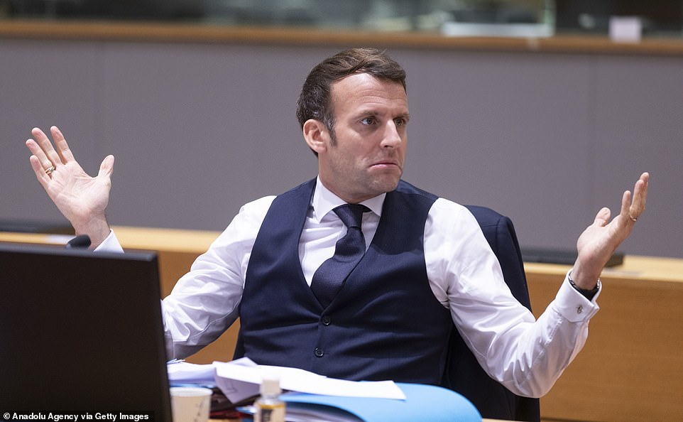 As he attended an EU summit yesterday, Emmanuel Macron (pictured in Brussels on Friday) refused to budge on the key issue of fishing quotas as he insisted he is unwilling to ‘give up my share of the cake’