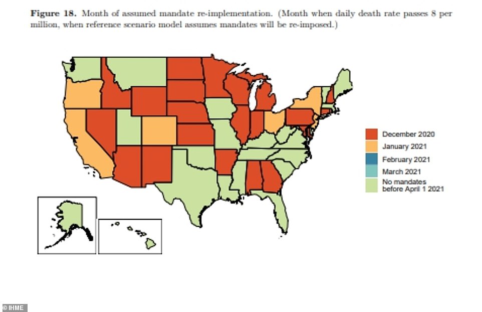 The models assume that the states highlighted in orange will introduce new mandates this month to fight rising infections