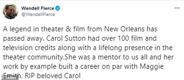 Wendell Pierce, the actor who starred in HBO's The Wire and co-starred alongside Sutton in Treme, tweeted: 'A legend in theater & film from New Orleans has passed away'