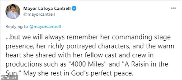 Cantrell wrote: 'We will always remember her commanding stage presence, her richly portrayed characters and the warm heart she shared with her fellow cast and crew'