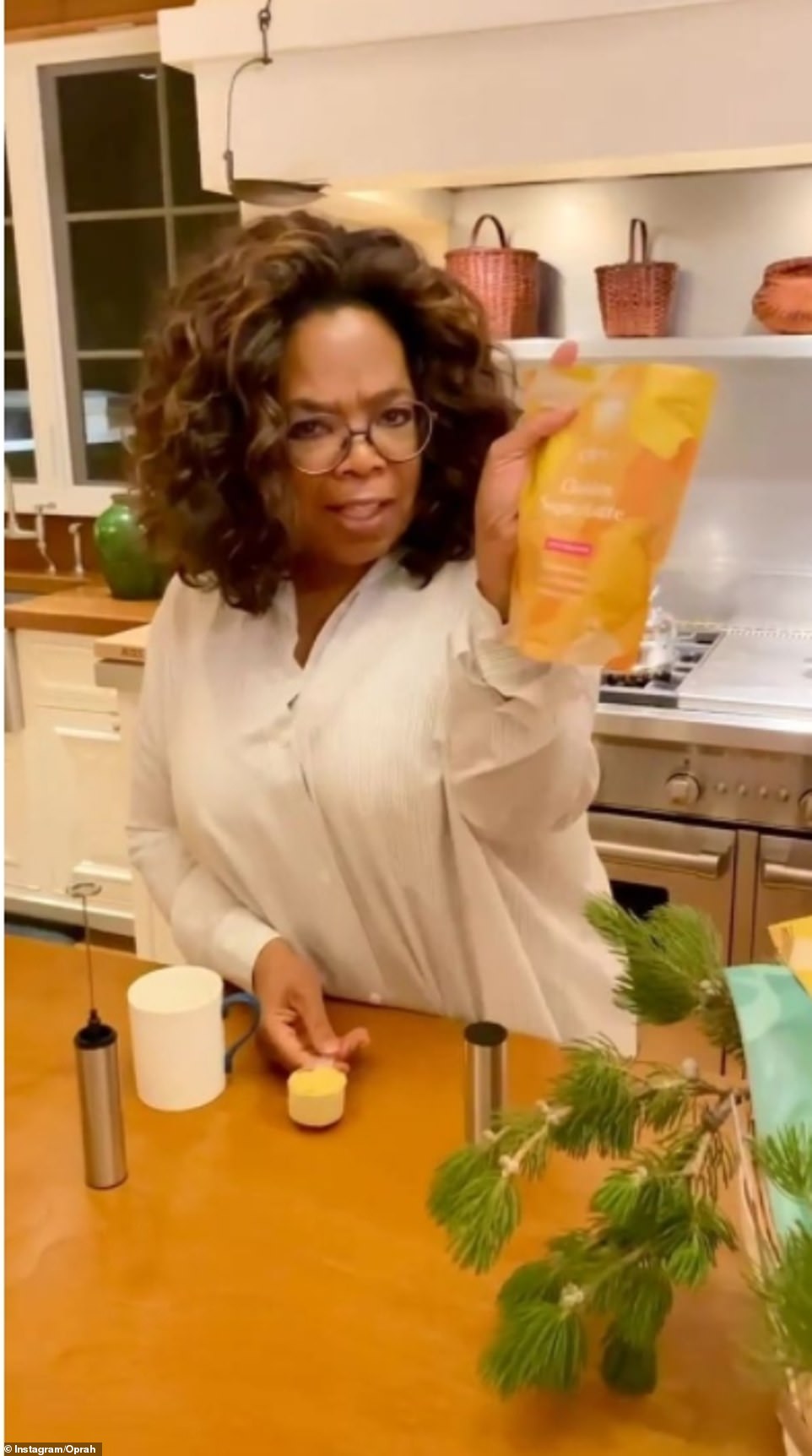 During the clip, Oprah showed off the contents of the hamper from 'women-led' Californian based brand Clovr and referred to her neighbour 'M'