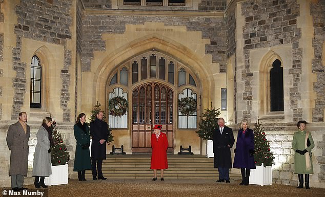 The Royal Family including Prince Edward, Earl of Wessex and Sophie, Countess of Wessex (left), Prince William, Duke of Cambridge, Catherine, Duchess of Cambridge (second from left), Queen Elizabeth II (centre), Prince Charles, Prince of Wales, Camilla, Duchess of Cornwall (second from right) and Anne, Princess Royal (right). Prince Andrew was notably absent from the royal reunion