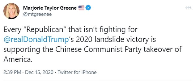 Georgia Representative-elect Marjorie Taylor Greene was among a number of MAGA supporters who blasted McConnell for acknowledging Biden's win
