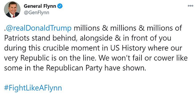 Recently pardoned former National Security Advisor Mike Flynn joined the outcry, retweeting a Twitter user who called on 'American patriots' to let 'McConnell know we aren't on board with his 'President Elect Biden' mindset'