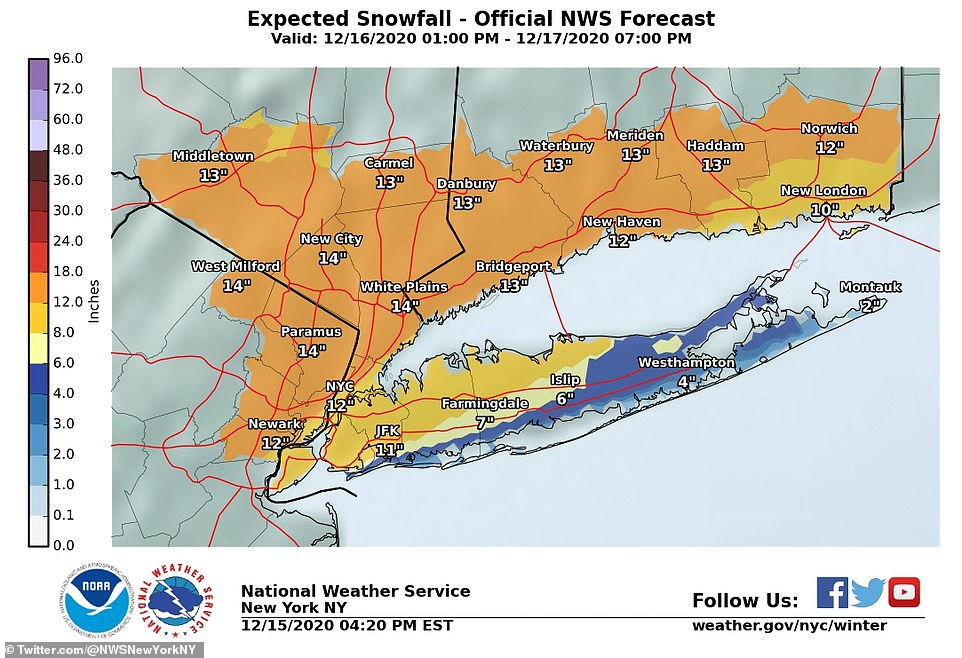 This National Weather Service map shows the forecast of snowfall across New York State