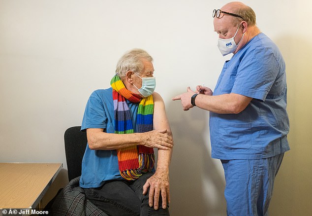 Jab: The veteran British actor, 81, forms part of the first eligible groups for the vaccine and joins the thousands of over 80s, NHS staff, and care home staff who have been called upon by the NHS to attend their local GP practice or vaccination centre to be treated