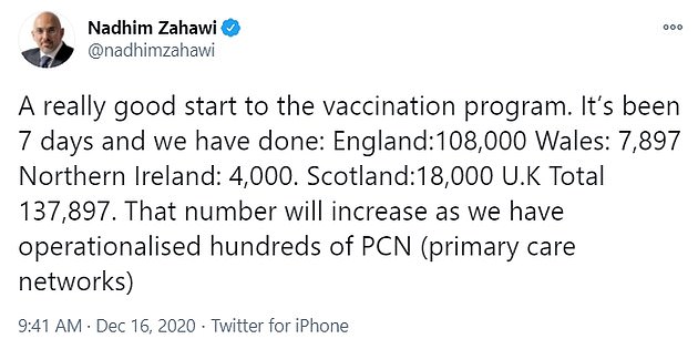 The vaccines minister Nadhim Zahawi revealed the number on Twitter today, but only provided a precise figure for Wales