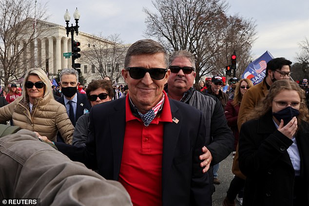 Flynn is pictured at a 'Stop the Steal' rally in Washington, DC, on December 12