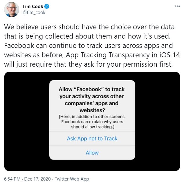 Cook took to Twitter on Thursday to defend the privacy changes under iOS 14 and dismiss Facebook's claims that it would cut small businesses off from customers. He included a photo of a notification users will be given asking whether they want apps like Facebook to track them