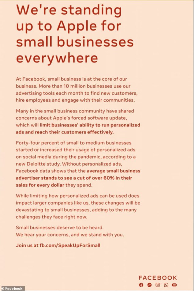 Facebook took out a series of full-page newspaper advertisements attacking Apple on Wednesday in what the social media giant said was a show of support for small businesses