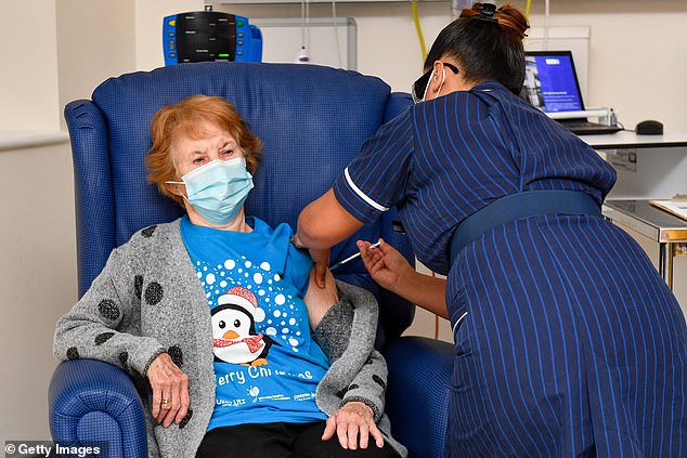 Margaret Keenan, 90, is the first patient in the United Kingdom to receive the Pfizer/BioNtech covid-19 vaccine at University Hospital, Coventry, administered by nurse May Parsons, at the start of the largest ever immunisation programme in the UK's history on December 8, 2020