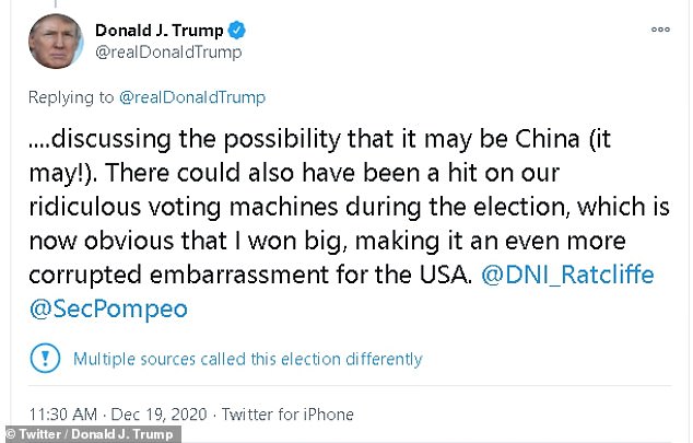 Trump tweeted claiming that China could be behind the attack, despite Secretary of State Mike Pompeo publicly blaming Russia the day before