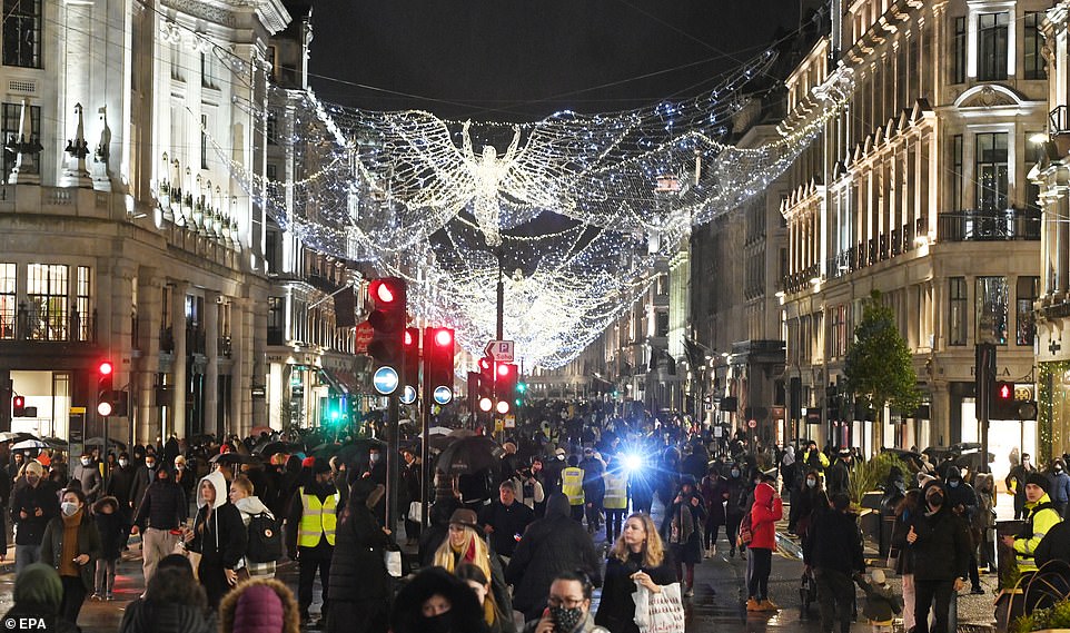 Pictured: People shopping on Regent Street in central London on the last Saturday shopping day before Christmas. Boris Johnson has cancelled Christmas for millions of people across London and south-east England after scientists said that a new coronavirus variant is spreading more rapidly