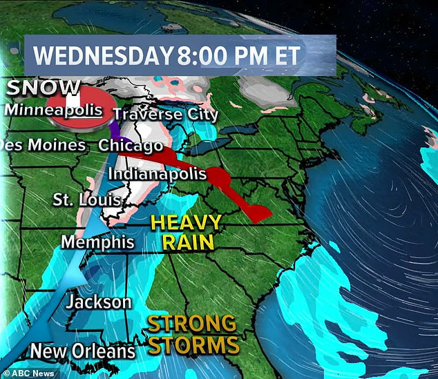 The Midwest will be affected on Wednesday by snow, heavy rain and strong storms