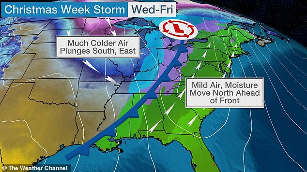 A strong cold front will move from the nation's midsection on Wednesday to near or off the Eastern Seaboard by Christmas Day