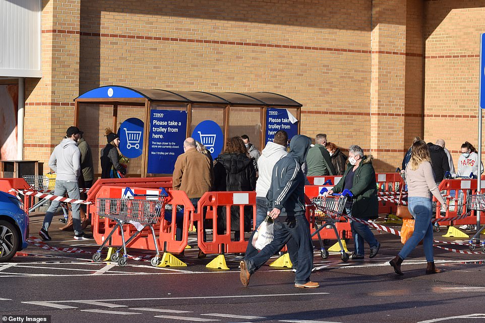 Long queues formed at this Tesco store in Southend-on-Sea, Essex, yesterday after the Tier 4 lockdown was announced